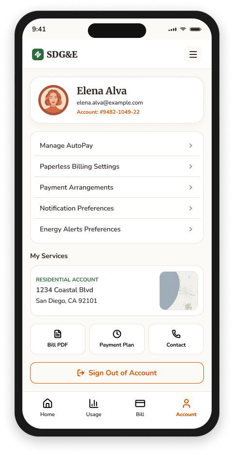 SDG&E mobile account profile